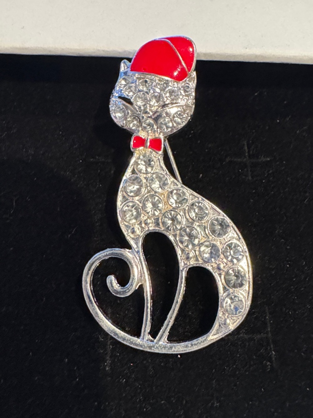 Cat Brooch Pin with Red Hat and Bow - Sparkling Crystal Accent